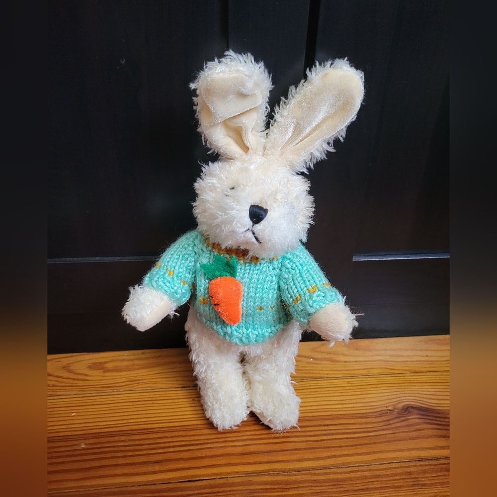 Vintage 1988 Chrisha Playful Plush Posable Bunny with Green Sweater